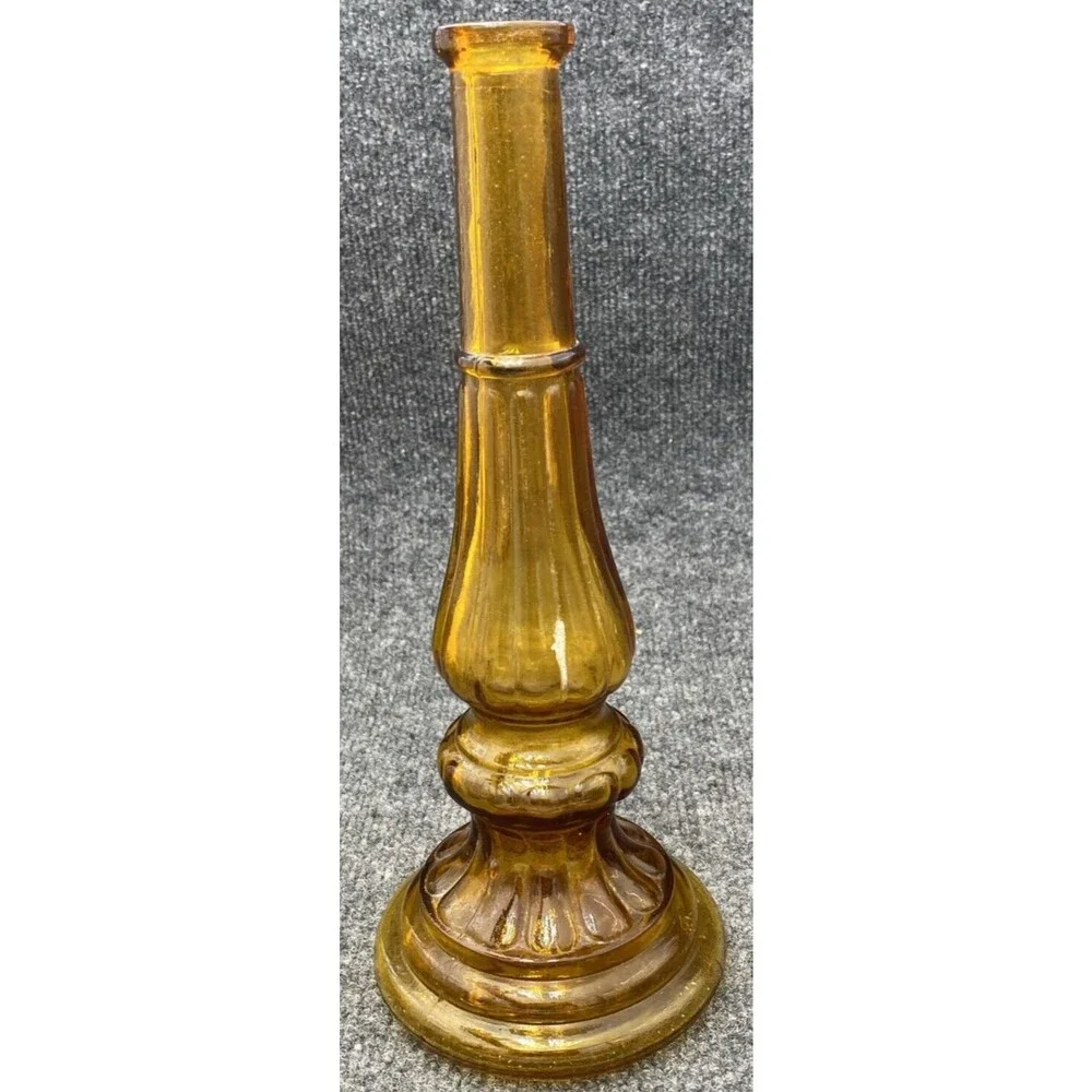 Vintage Empoli Italy Amber Glass Candlestick Holder Column Bud Vase MCM 12